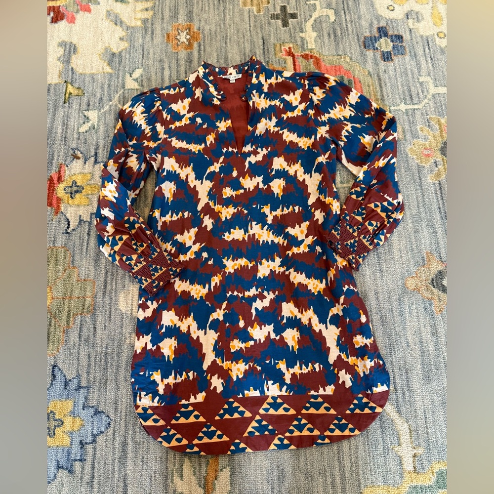 King + Pitt Shirt Tunic Dress Pockets Brown blue Abstract size XS